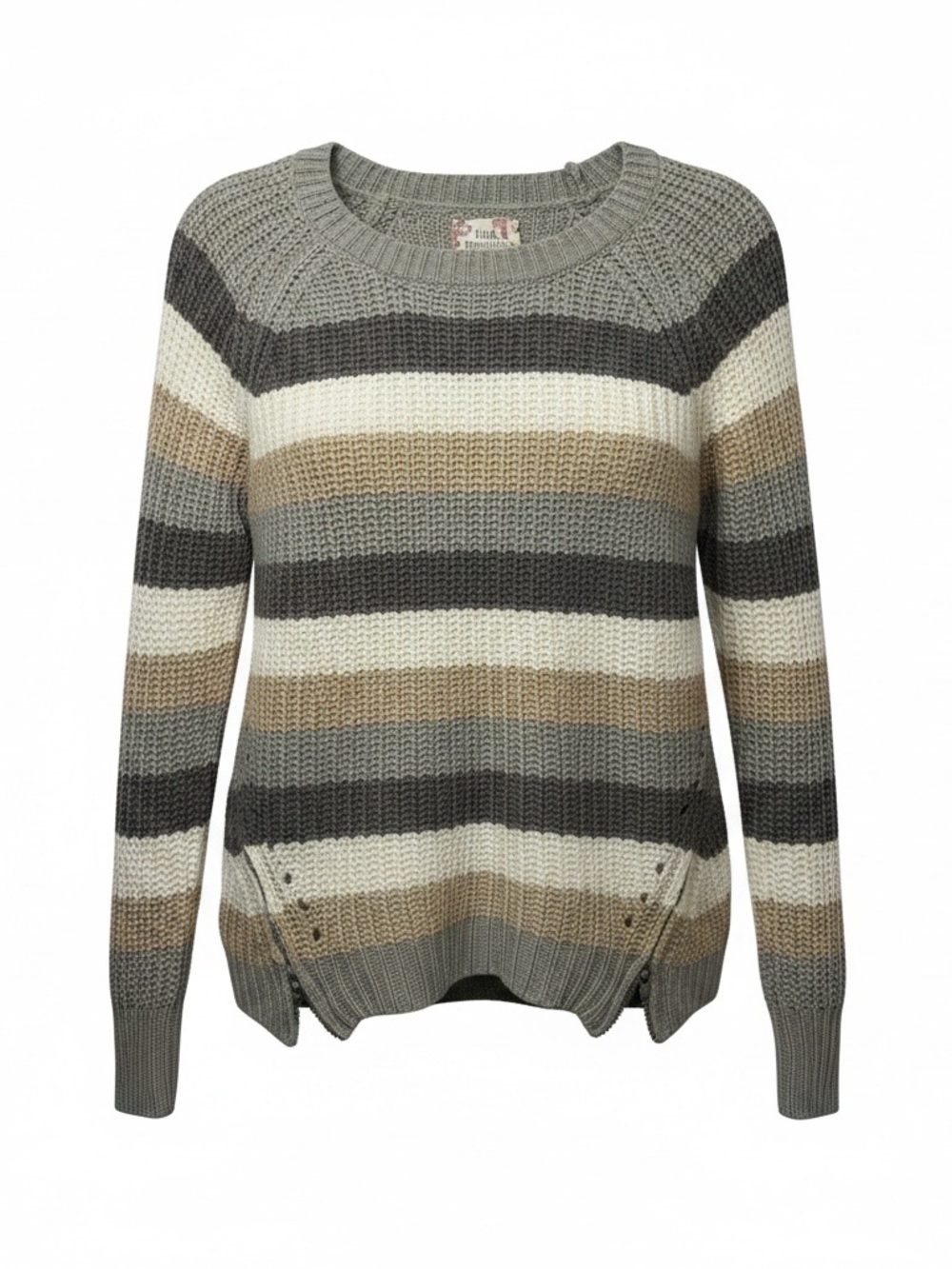 Pink Republic Fall Office Casual Striped Crewneck Sweater in Gray, Cream & Tan